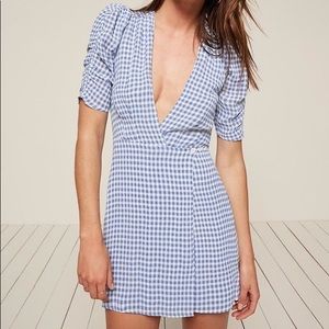 Reformation Lorena dress blue gingham wrap dress